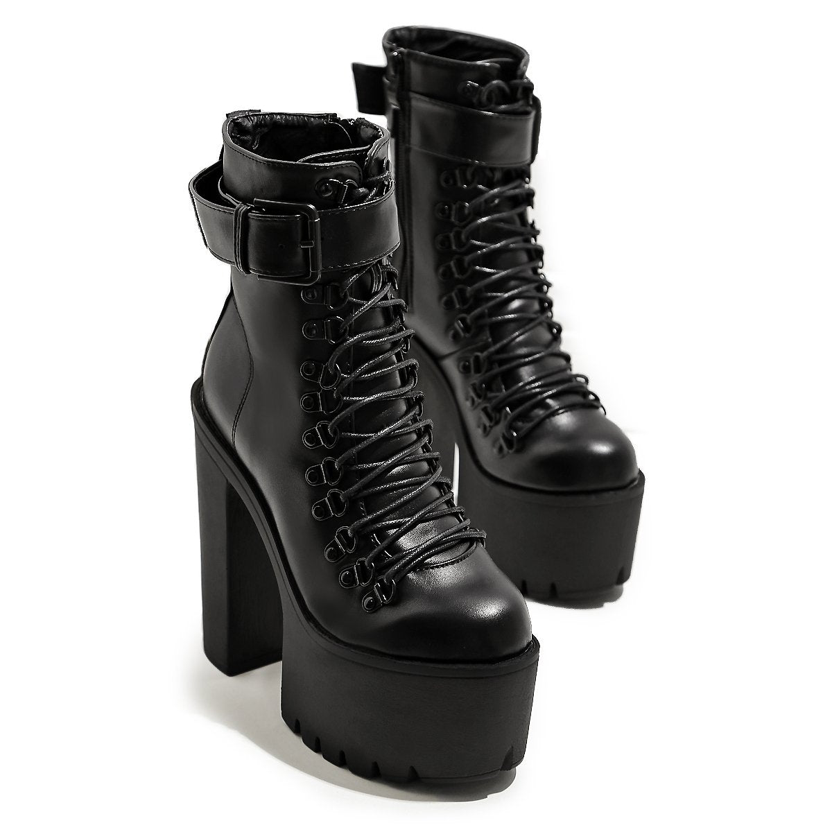 Stylish black laced platform ankle boots with high heel, perfect for rocker outfits and all-weather wear.
