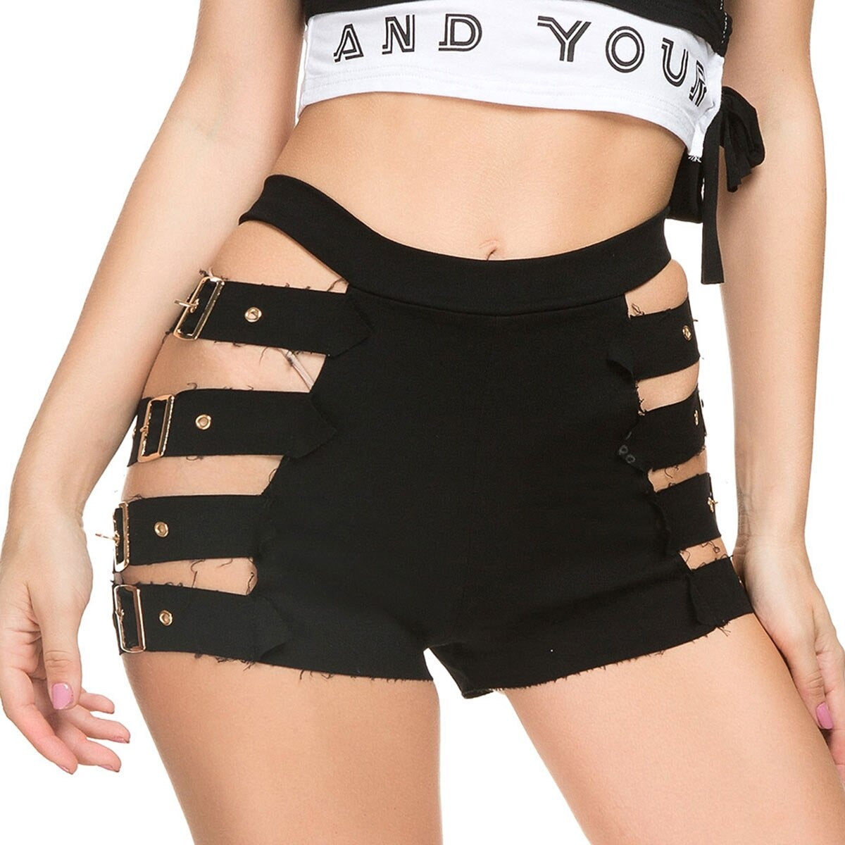 High waist black ripped denim shorts with adjustable buckles for women, perfect for summer style.