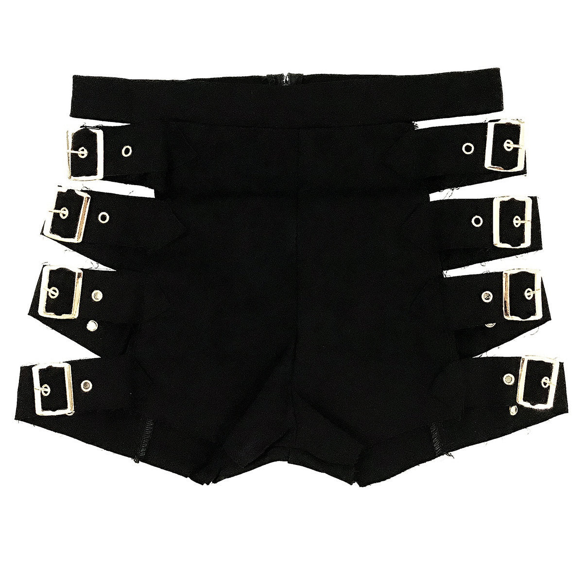 High waist black denim ripped shorts with adjustable buckle straps, perfect for summer fashion.