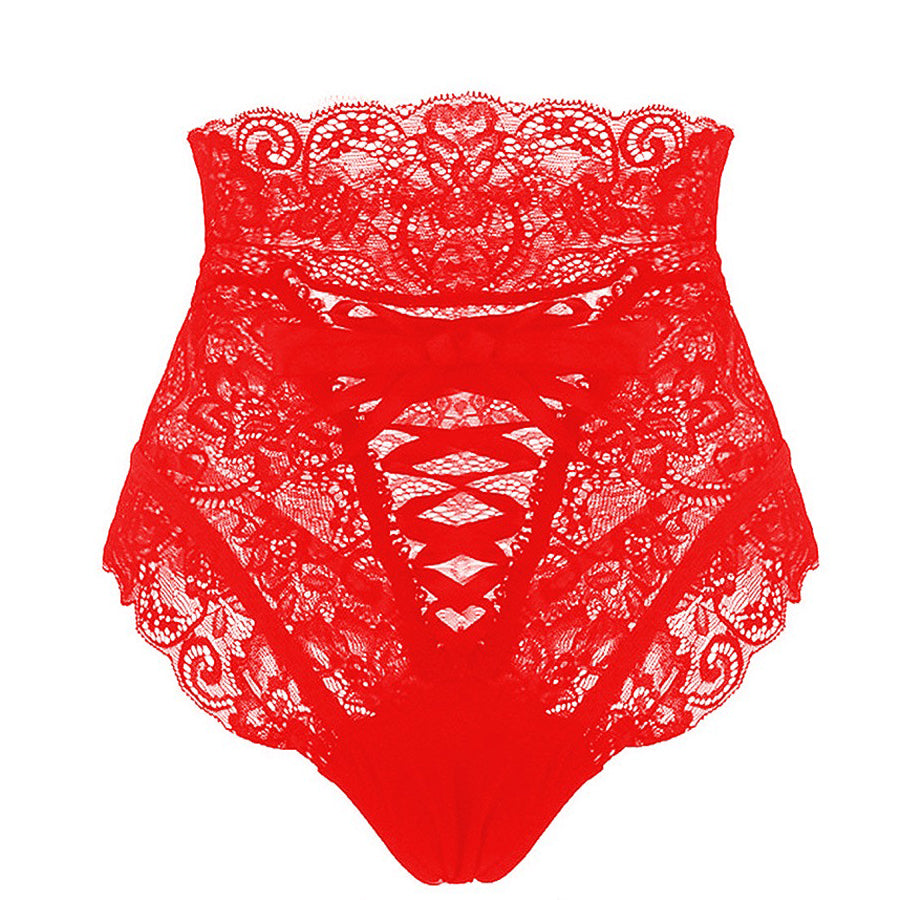 Red high-waist women's lace underwear with lacing detail, perfect for a sexy Gothic style look.