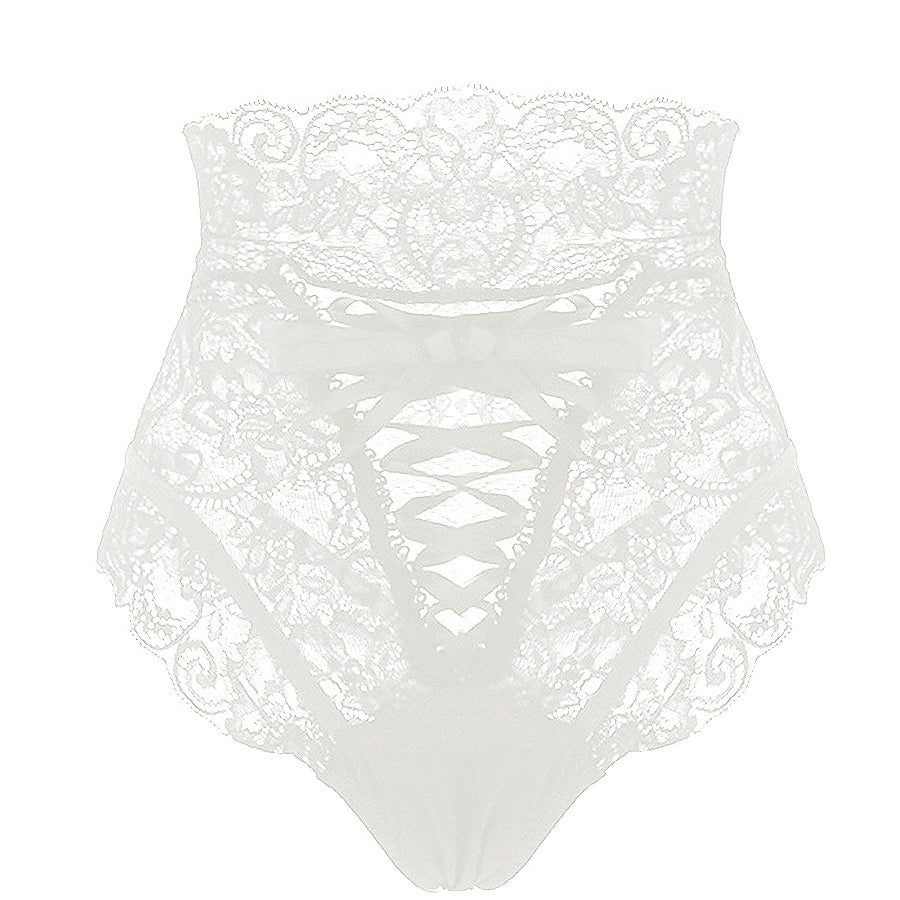 High-waisted lace-up women's underwear in soft cream, featuring Gothic style with hollow out design for a sexy look.