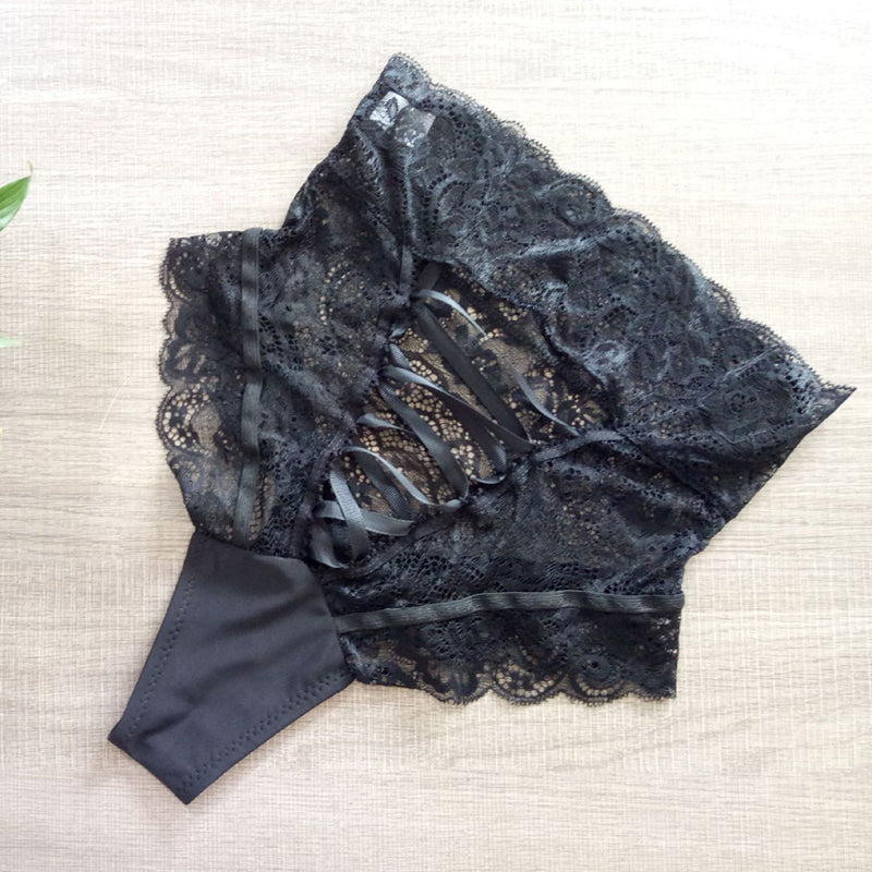 Sexy black high-waist women's underwear with lace detailing and laced back design, perfect for Gothic styles.