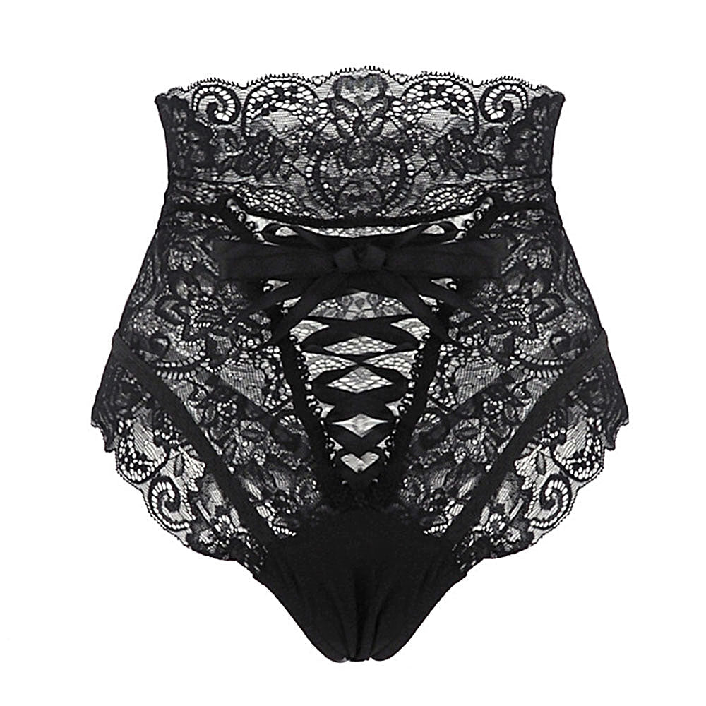 Elegant black high-waist lace panties with bow detailing and hollow out design, perfect for a sexy Gothic look.