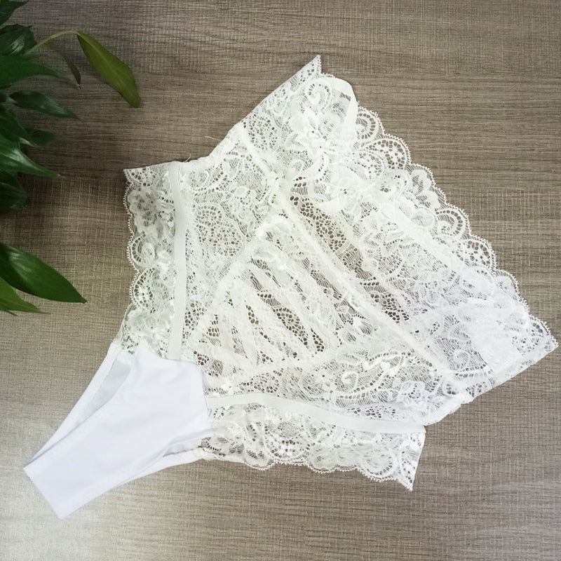 Sexy high-waist women's underwear featuring intricate lace design and soft spandex, perfect for a stylish and attractive look.
