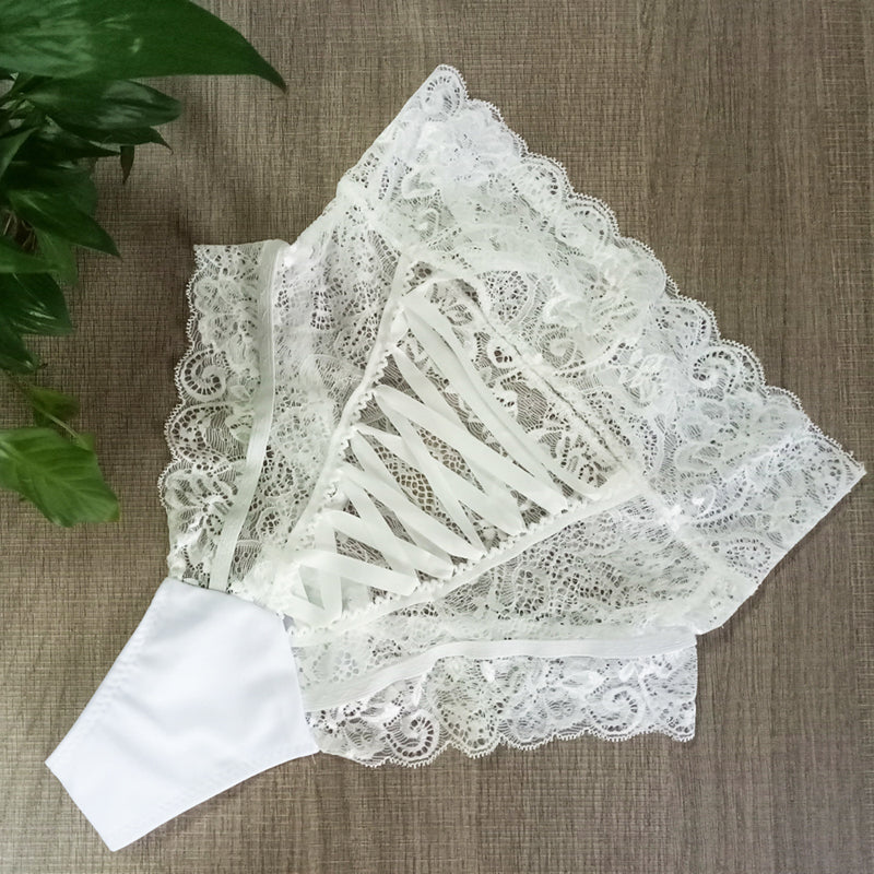 High-waist lace panties with stylish lacing details, perfect for a gothic chic look, made from soft spandex.