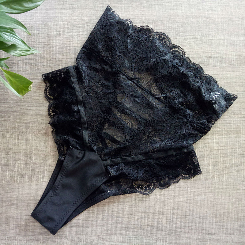 Elegant black high waist lace underwear with intricate patterns and soft fabric, perfect for a seductive Gothic look.