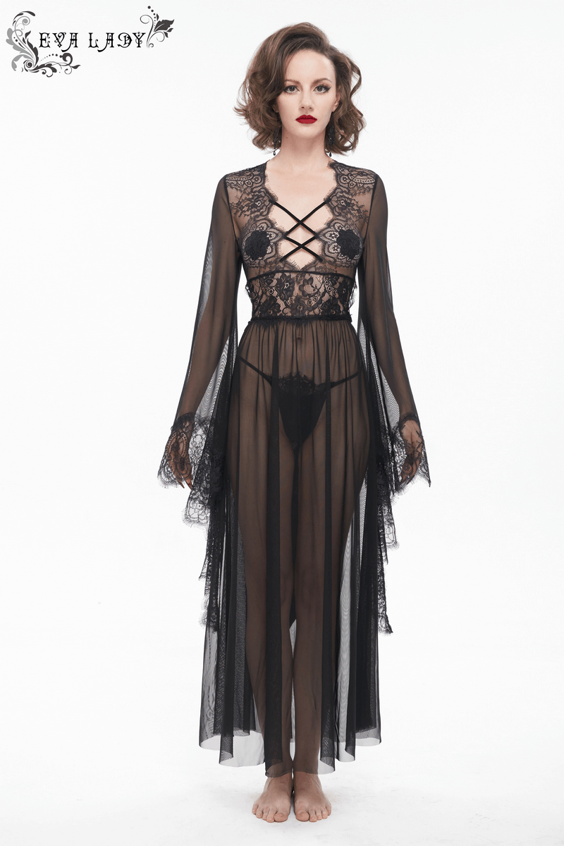 Sexy Hollow Out Transparent Lace Dress / Gothic Open Back Long Dress With Bow - HARD'N'HEAVY