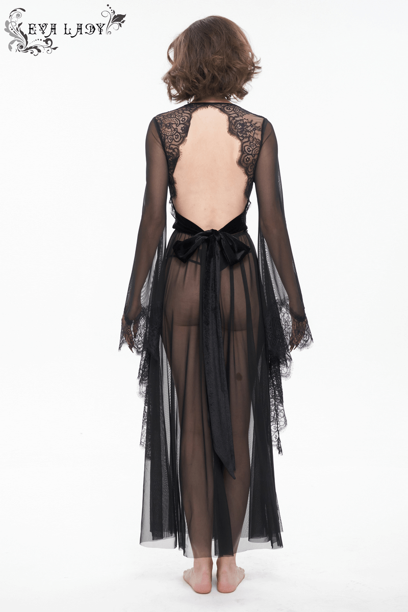 Sexy Hollow Out Transparent Lace Dress / Gothic Open Back Long Dress With Bow - HARD'N'HEAVY