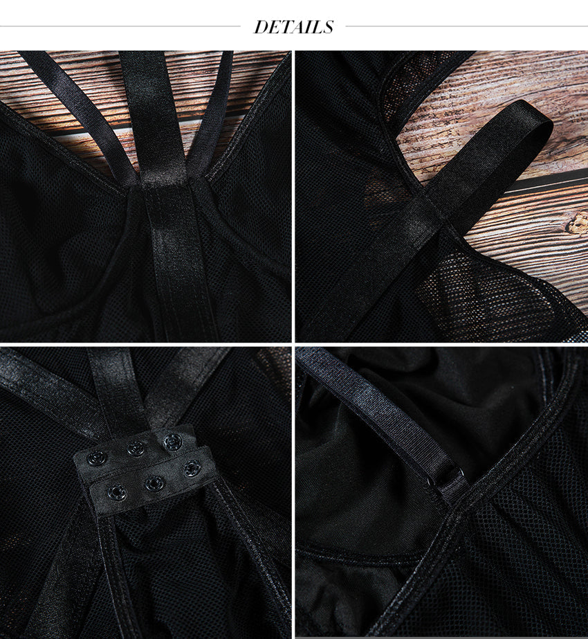Sexy Lace Bodysuit / Women Body Bandage Patchwork / Mesh Black Halter - HARD'N'HEAVY