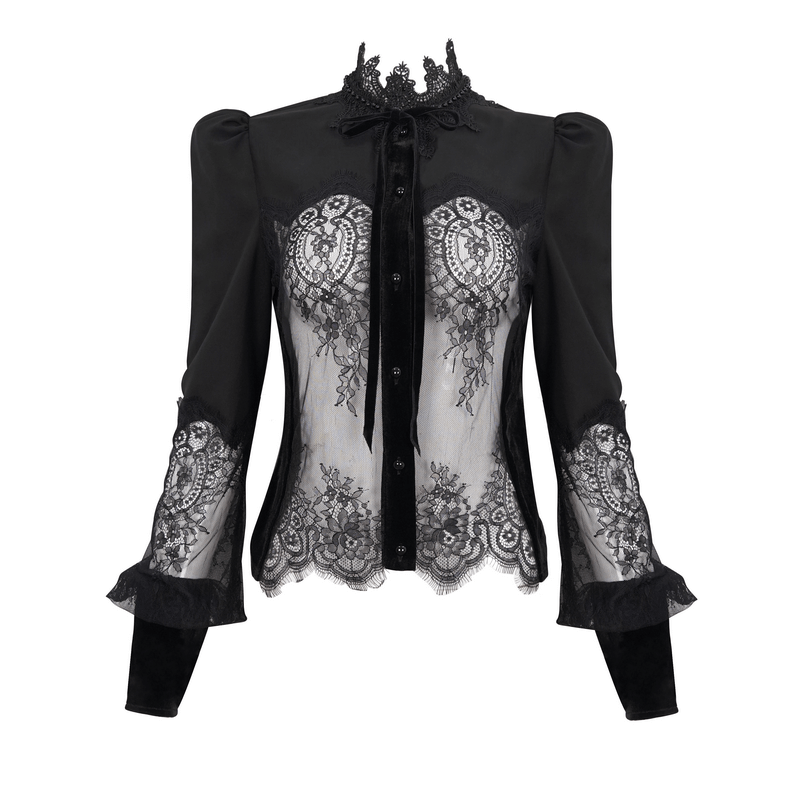Sexy Lace Long Puff Sleeve Blouse / Gothic Black Transparent Shirt With Buttons - HARD'N'HEAVY