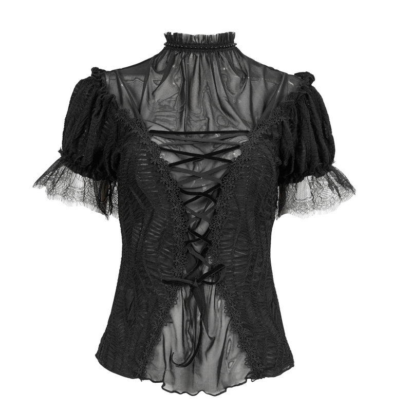 Gothic black lace-up t-shirt with ruffled sleeves and stand collar, perfect for a stylish wardrobe.