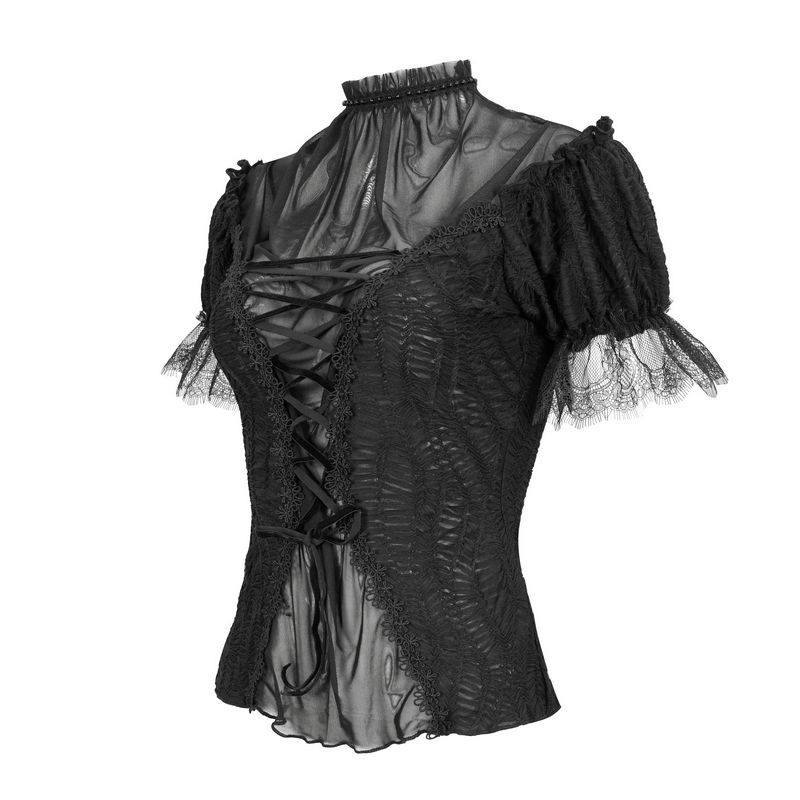 Gothic black lace ruffle sleeve t-shirt with lace-up front for a stylish alternative wardrobe.