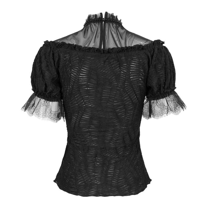 Back view of a black Gothic T-shirt with lace ruffle sleeves and stand collar, perfect for stylish outfits.