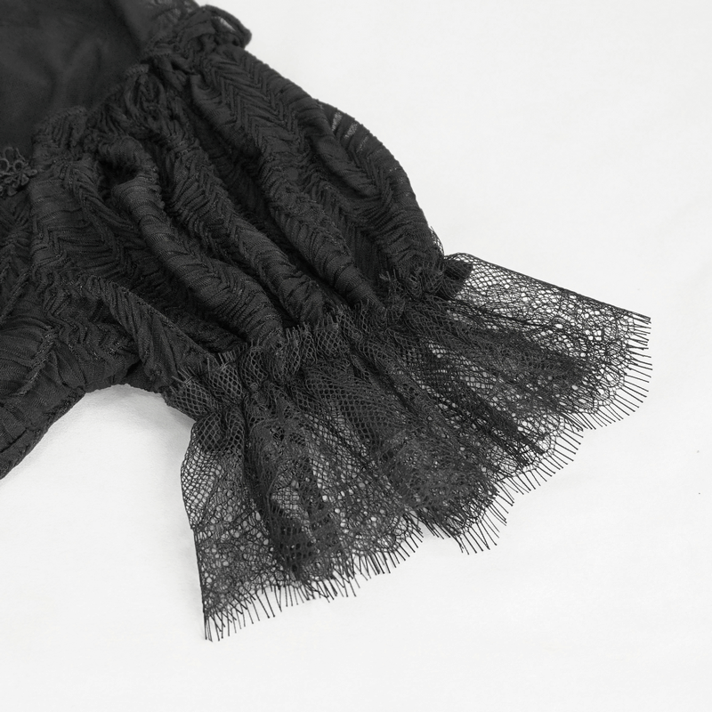 Close-up of lace ruffle sleeve on a black gothic t-shirt, showcasing intricate lace detailing and stylish design.