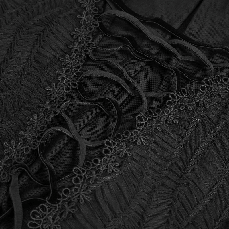 Close-up of gothic black t-shirt featuring lace-up detail and intricate lace design, perfect for edgy fashion lovers.