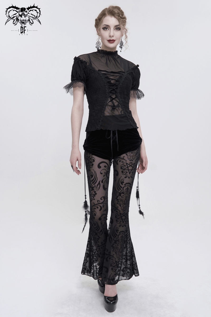 Sexy Lace Ruffle Sleeves T-shirts / Gothic Black Stand Collar T-Shirts with Lace-Up on Front