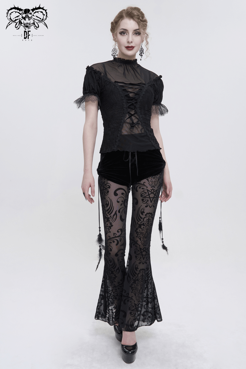 Gothic black t-shirt with lace-up front and ruffle sleeves paired with elegant lace pants, perfect for a stylish dark fashion look.