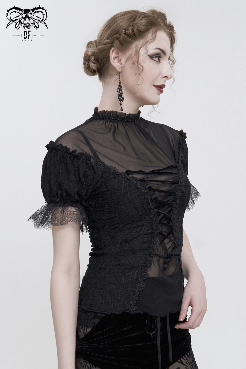Gothic black lace-up t-shirt with ruffle sleeves, perfect for stylish fashion lovers.