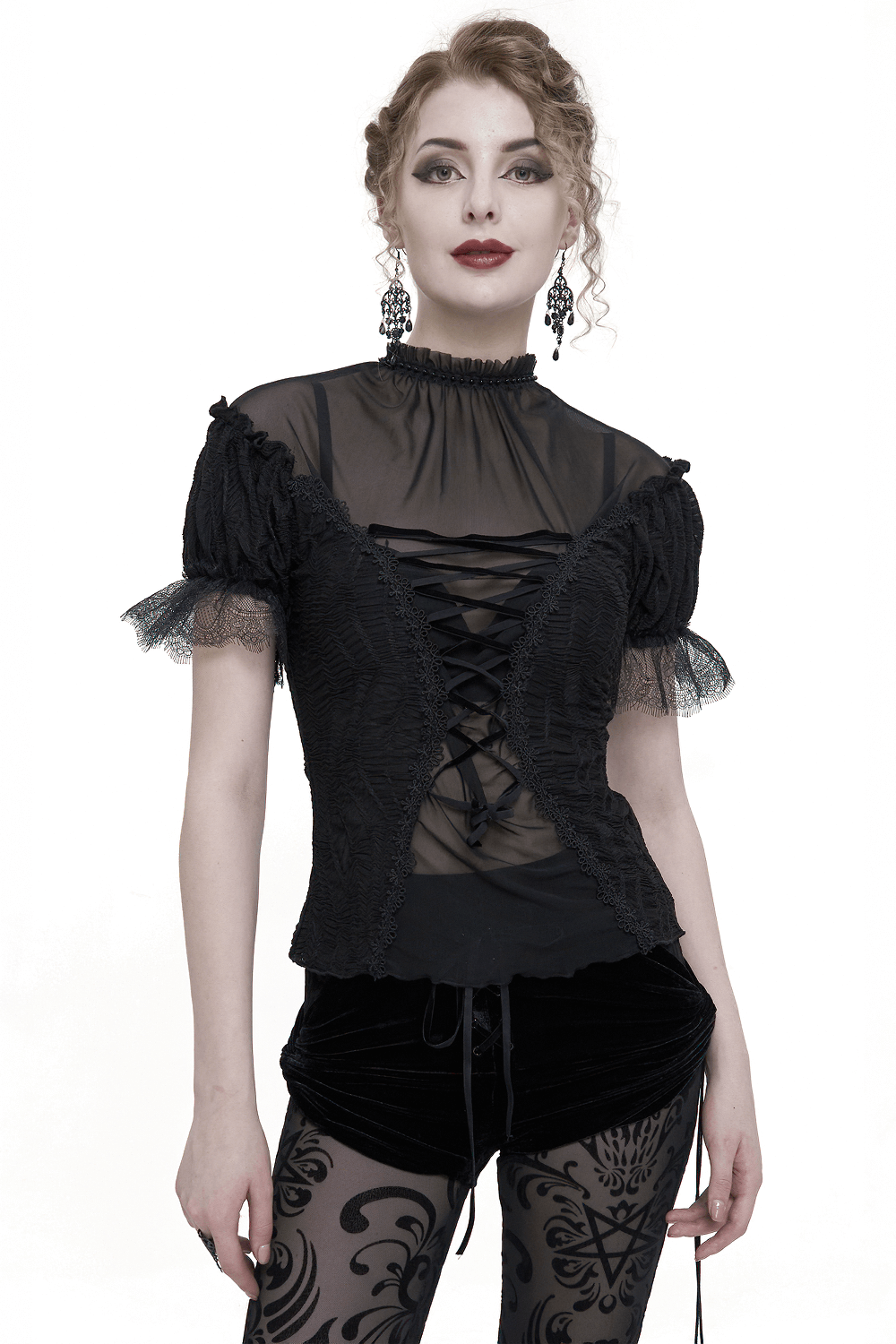 Gothic black lace-up t-shirt with ruffle sleeves, perfect for a stylish and edgy wardrobe.
