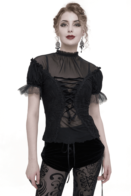 Sexy T-Shirts mit Spitzenrüschenärmeln / schwarze Gothic-T-Shirts mit Stehkragen und Schnürung vorne