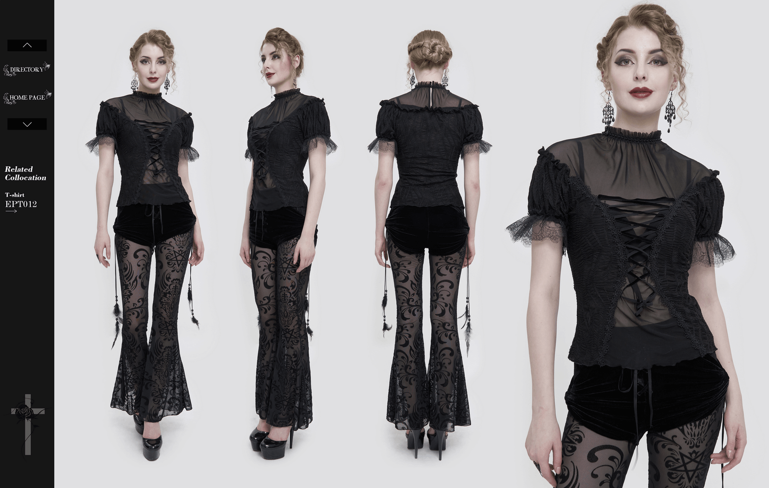 Gothic black lace ruffle sleeve t-shirt with lace-up front, styled with elegant flare pants.