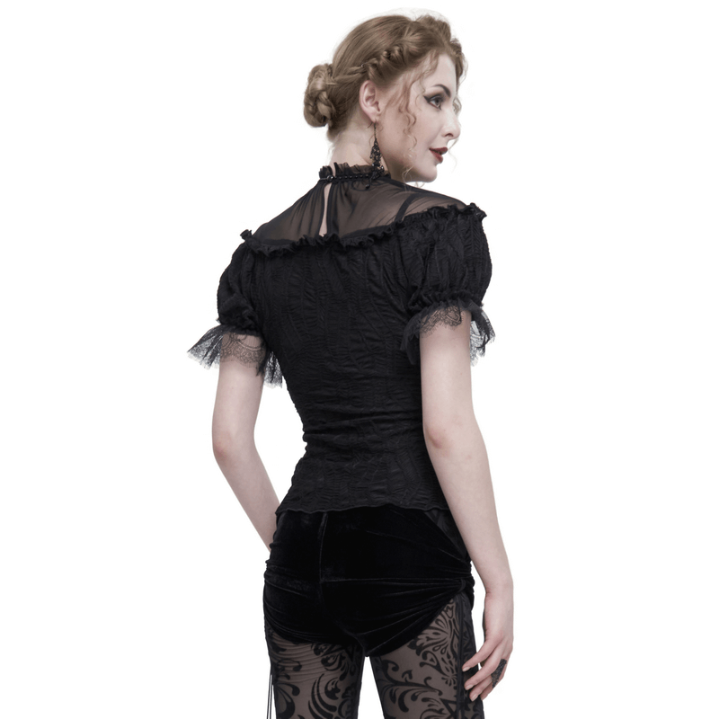 Sexy Lace Ruffle Sleeves T-shirts / Gothic Black Stand Collar T-Shirts with Lace-Up on Front