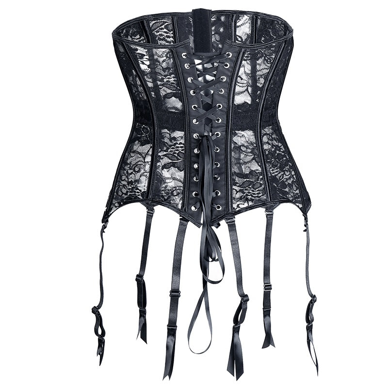 Sexy lace-up black gothic corset with suspenders, perfect for steampunk and everyday rock fashion.