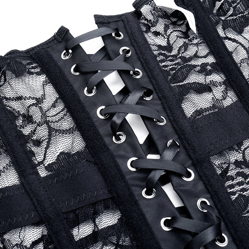 Close-up of a sexy black lace-up gothic corset showcasing intricate lace design and sturdy eyelets.