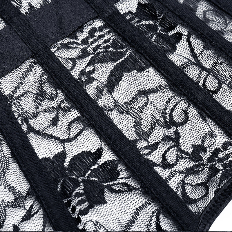 Close-up of intricate black lace fabric with floral patterns, perfect for a gothic corset or steampunk style.