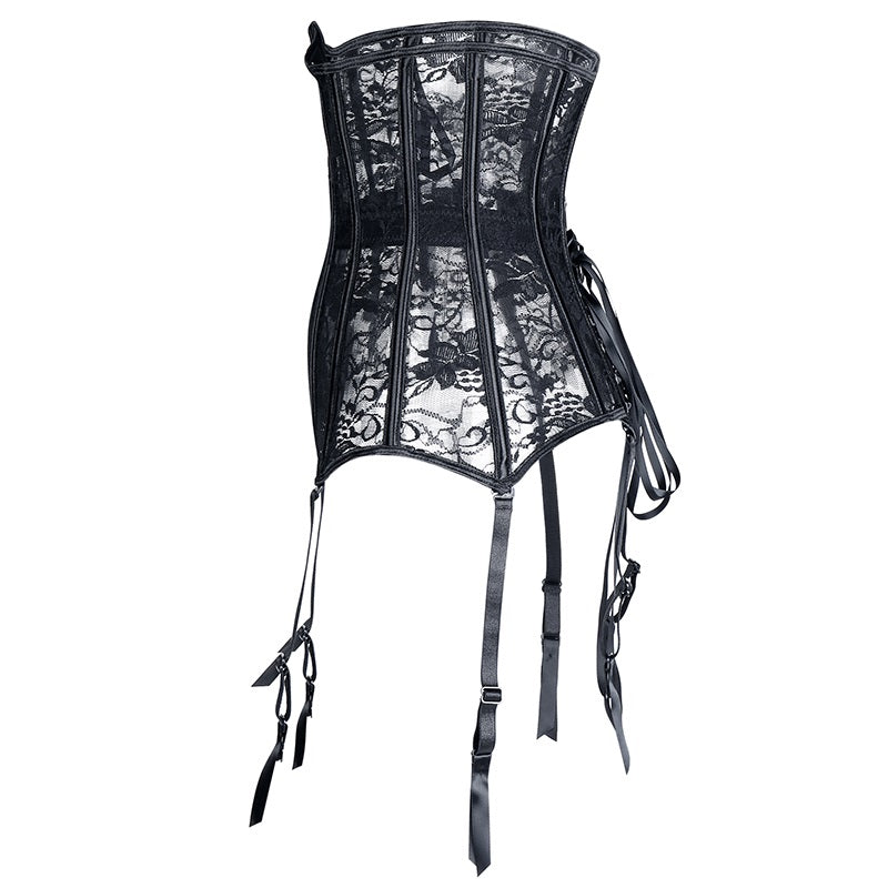 Sexy black lace-up corset with suspenders, perfect for gothic and steampunk fashion looks.