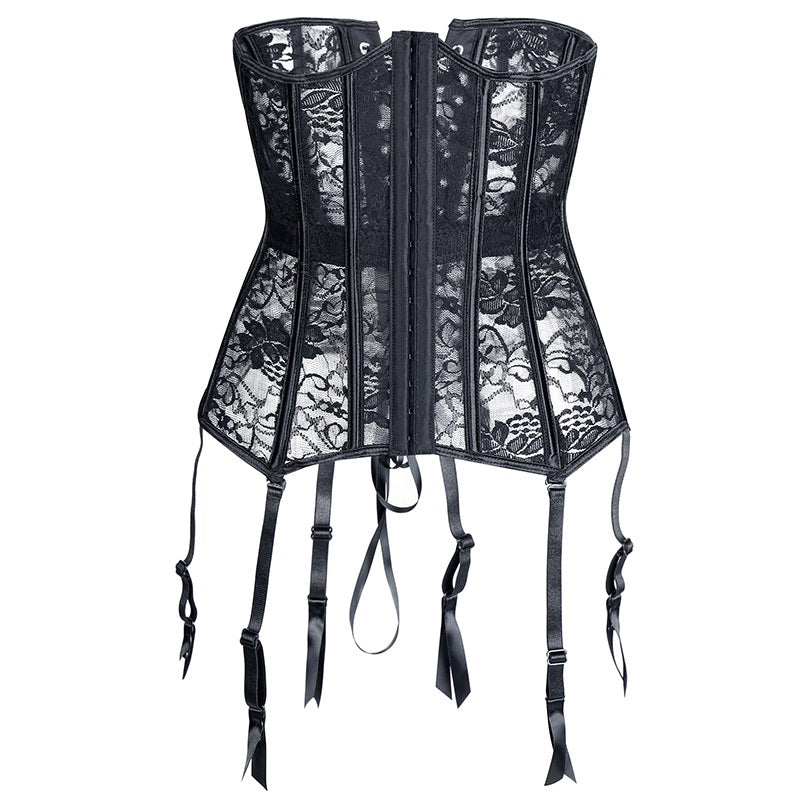Sexy black lace-up gothic corset with suspenders for a stunning steampunk look.