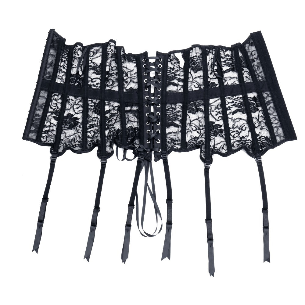 Sexy black lace-up gothic corset with suspenders, perfect for rock and goth fashion styles.