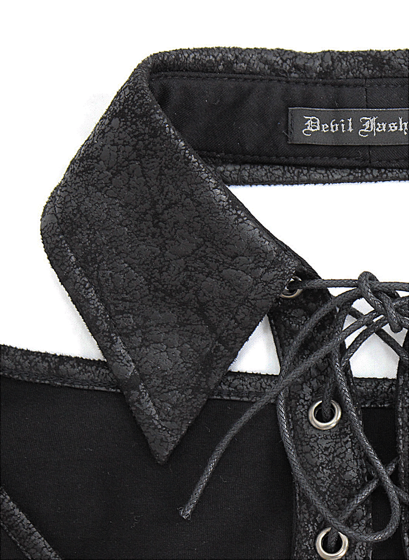 Close-up of the collar and lace-up detail of a sexy black gothic jumpsuit for women, showcasing trendy fashion features.