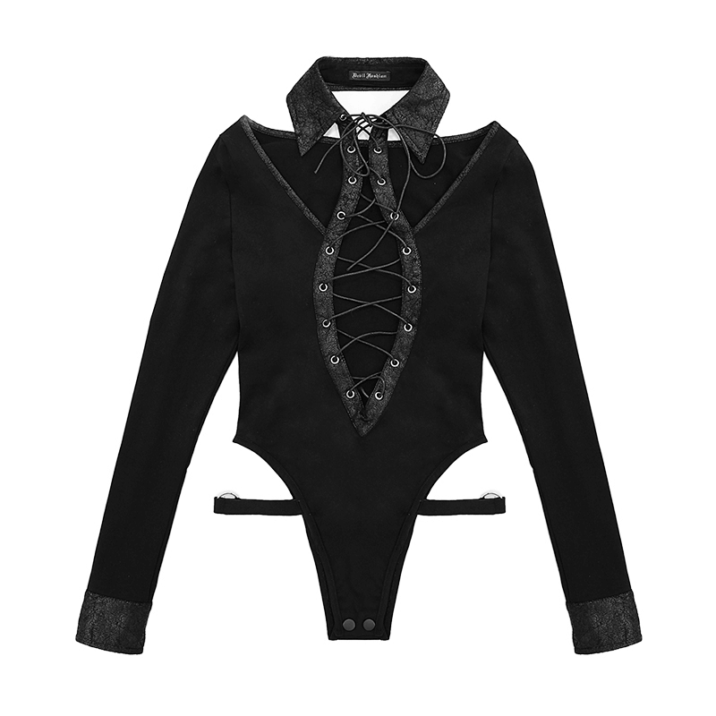 Trendy women's black lace-up bodysuit with collar and long sleeves in gothic style, perfect for punk fashion.
