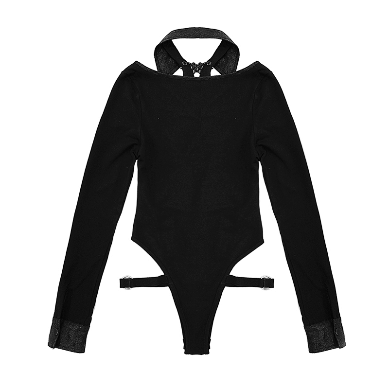 Sexy black lace-up jumpsuit with collar and long sleeves, perfect for gothic fashion lovers.