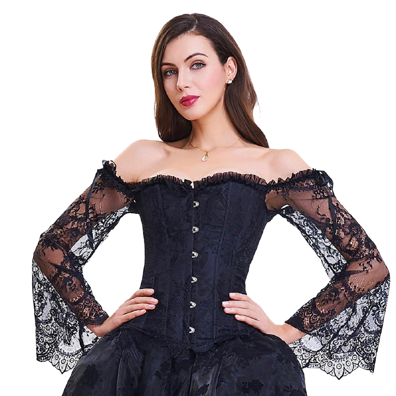 Elegant black lace women's corset with off-shoulder flared sleeves and buttons, perfect for gothic and steampunk styles.