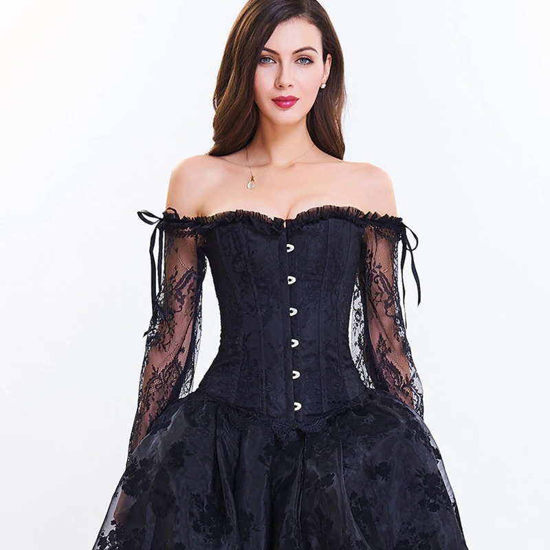 Elegant black lace corset for women with off-shoulder design and long sleeves, perfect for gothic and steampunk styles.