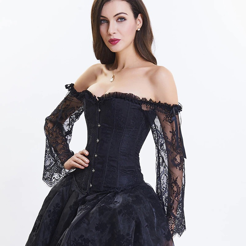 Elegant black lace corset top with off-shoulder design, perfect for gothic and steampunk fashion.