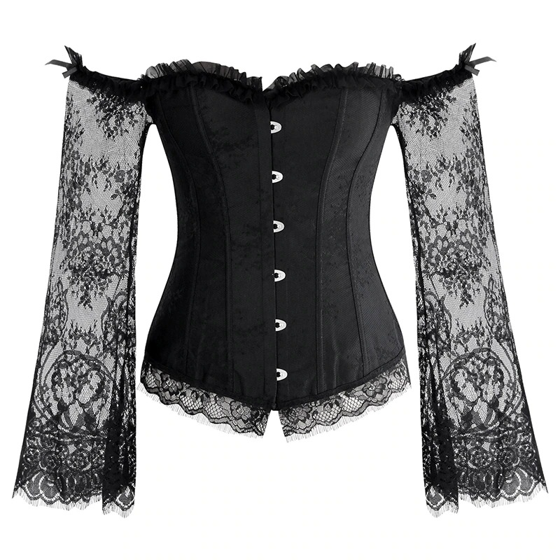 Elegant black lace women's corset with off-shoulder design and ruffled sleeves, perfect for gothic fashion.