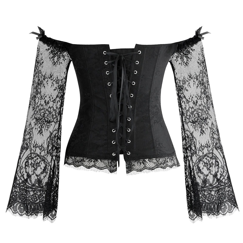 Elegant black lace women's corset with off-shoulder design and dramatic sleeves, perfect for gothic fashion lovers.