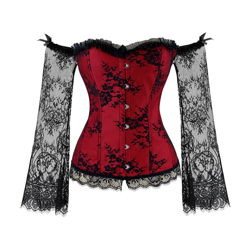 Red lace women's corset with black floral design and elegant sleeves, perfect for gothic and steampunk styles.