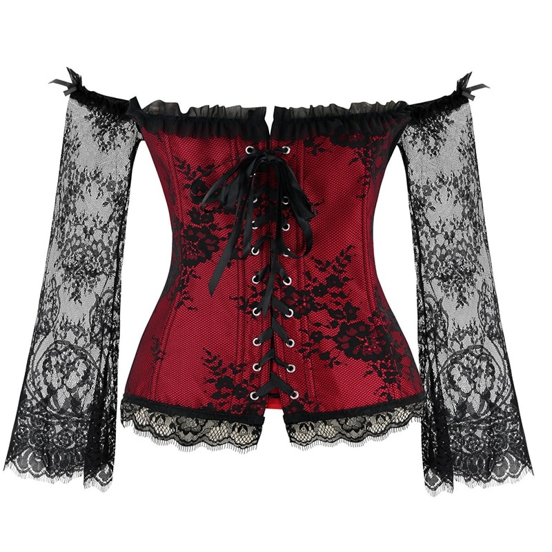 Elegant red lace corset with off-shoulder sleeves, featuring intricate black lace inserts for a gothic look.