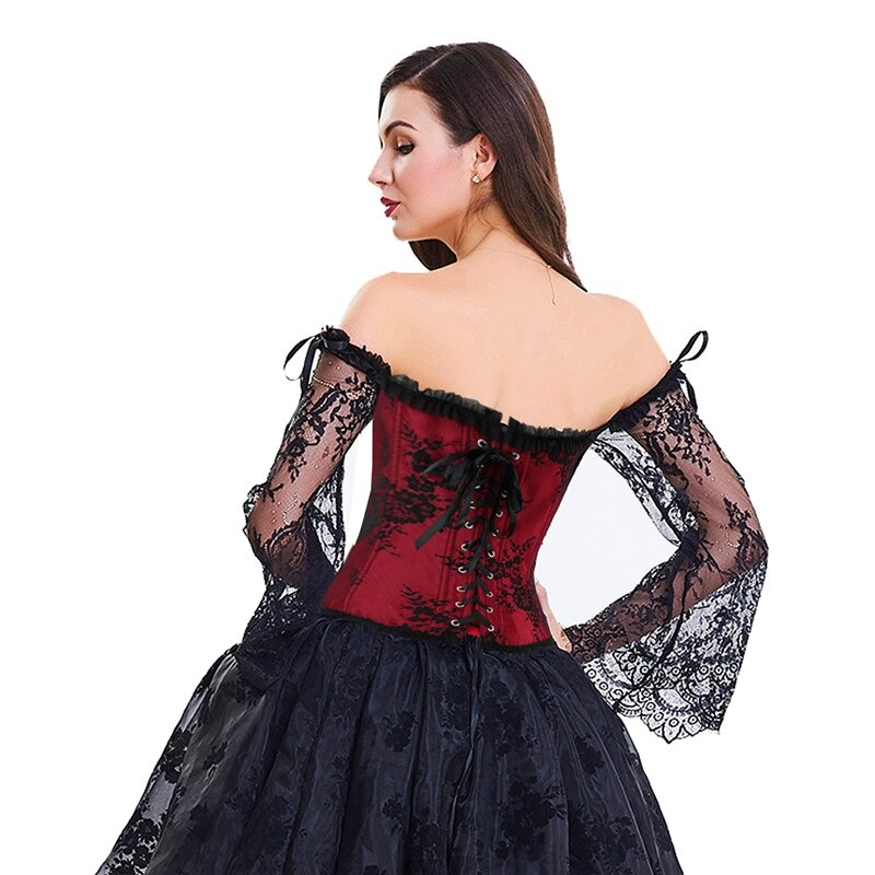 Gothic lace women's corset in red and black, showcasing an elegant back design and off-shoulder sleeves.