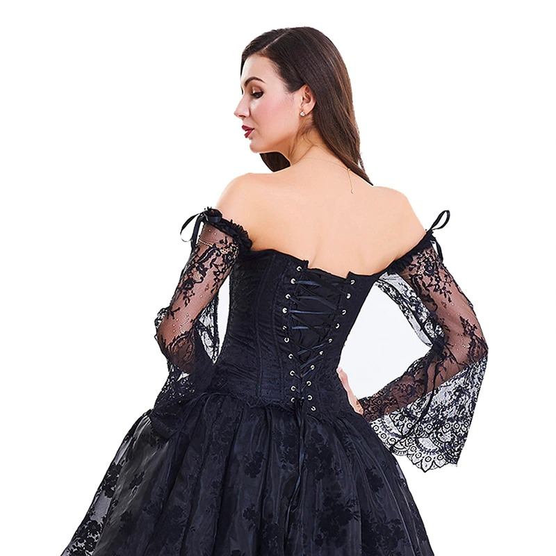 Elegant lace women's corset in gothic style with off-shoulder sleeves, showcasing a sexy back design.