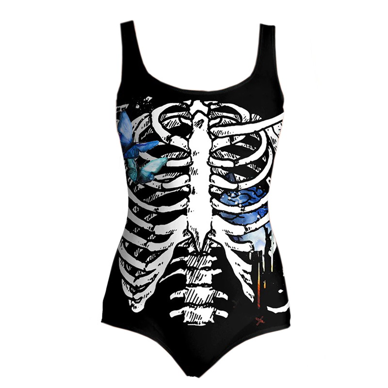 Sexy Ladies Black One Piece Sleeveless Swimwear 3d Printed Skeleton / Sport Swimsuits for Women - HARD'N'HEAVY