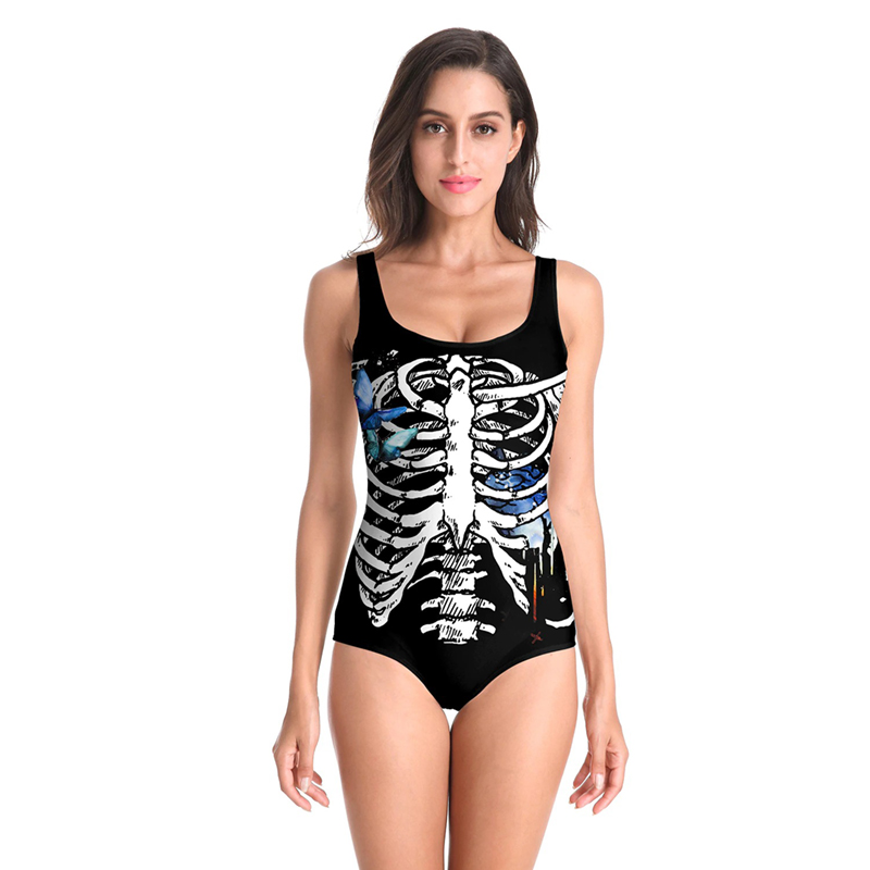 Stylish women's black one-piece swimsuit with 3D skeleton print, perfect for alternative summer wear.