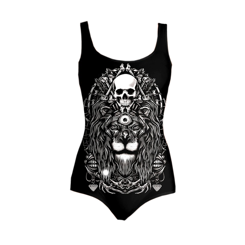 Sexy Ladies One Piece Sleeveless Swimwear 3d Printed Lion Skull / Sport Swimsuits for Women - HARD'N'HEAVY