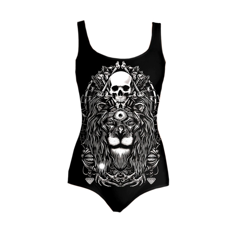 Stylish women's one-piece sleeveless swimsuit featuring bold 3D lion skull print in black.
