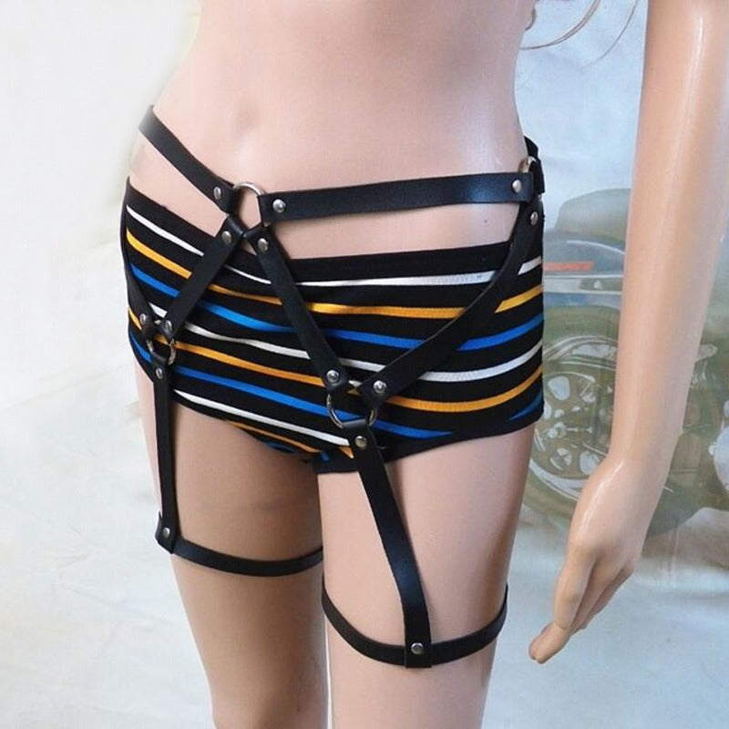 Sexy Leather Body Harness for Women / Black Erotic Garters Belt and Leg Harness - HARD'N'HEAVY