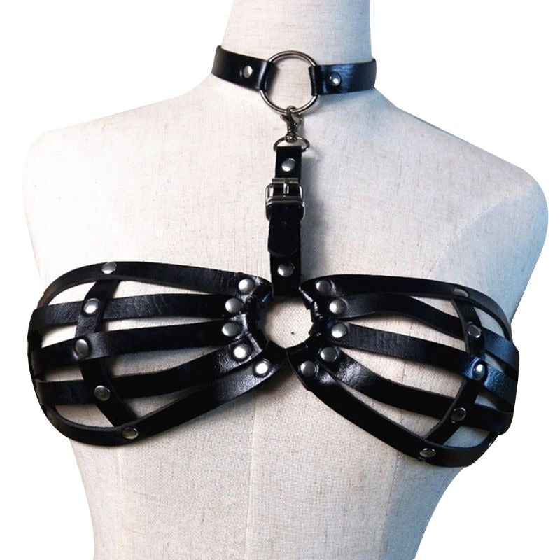 Women Genuine Leather fetish Cage Harness bra With clips at back
